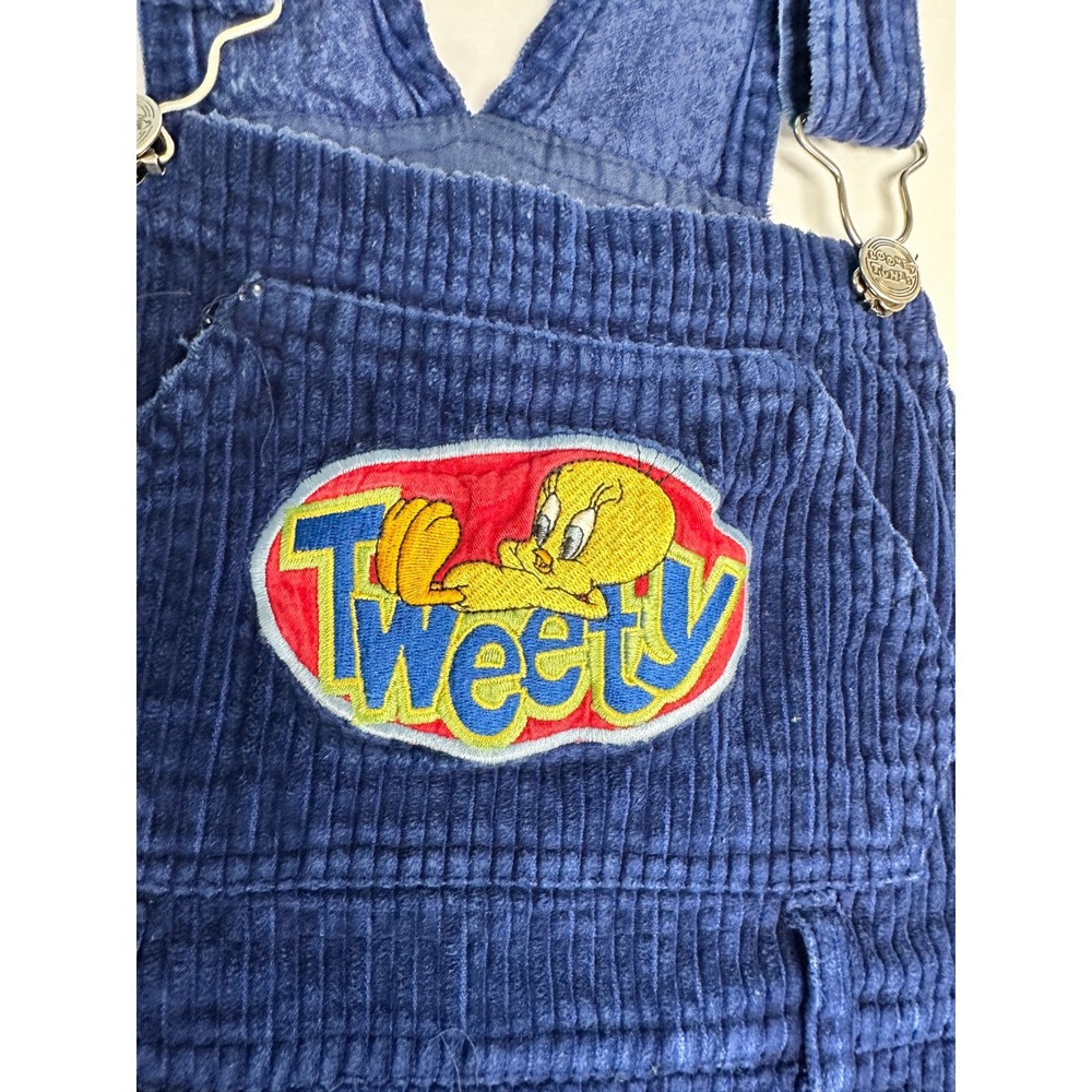 Vintage 80s 90s Looney Tunes Tweety Bird Blue Corduroy Overalls Kids Bibs 7 - Picture 2 of 11